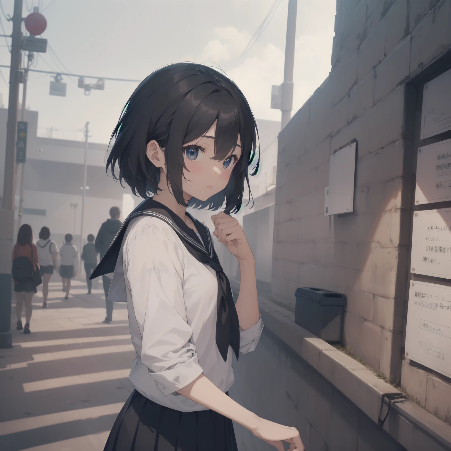 ultra-absurdres-Top quality by artist God, ultra-detailed, high resolution, anime moe artstyle, best anime 8k konachan wallpaper, pixiv contest winner, pool:2810, perfect anatomy,break, 1girl, (Please draw a girl walking sleepily to school alone. )break,(Solo,little female, 13-year-old:1.3),Full limbs, complete fingers,a junior high school student, (very short hair), short cut, flat chest, , small butt, small black eyes, beautiful detailed eyes, well-proportioned iris and pupils, expressive eyes, highres detailed hair, soft expression, salor school_uniform, sailor collar, serahuku, bow, pleated skirt,(Detailed Lighting), (Detailed background), in the School commute route. break,super detailed skin, Best cinematic lighting powered by famous artist, 8k,beauty illustration,photoshop_(medium),very aesthetic,break,((artist:horosuke )), artist:clamp ,artist:carnelian ,artist:kantoku ,
