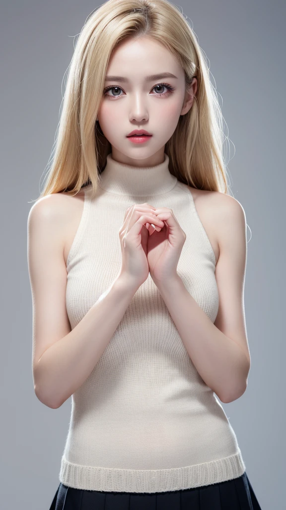 (((forehead、、(heart hands)、Blonde、White Blonde、A calm face、long hair、Northern Europe、White、beautiful girl、White Blonde、Blonde、White background、High neck sleeveless knit、Tight Skirt、tights、cute、Young、True Face、Shiny Hair、whole body)))、table top, highest quality, figure, super detailed, finely, High resolution, 8k wallpaper, Perfect dynamic composition, detailed and beautiful eyes, Deco out,bionde, breasts, Natural color lip,white background, random cute poses,