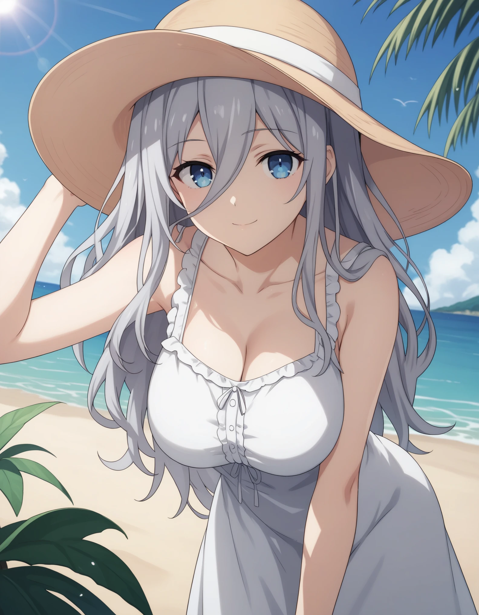 score_9, score_8_up, score_7_up, source_anime, reinamurasame,  reina murasame, long hair, blue eyes, grey hair, hair between eyes, hat, big breast, dress, bare shoulders, collarbone, sleeveless, white dress, sleeveless dress, sun hat, sundress, outdoors, beach, bent over, smile, looking at viewer, solo, cowboy shot, dutch angle,