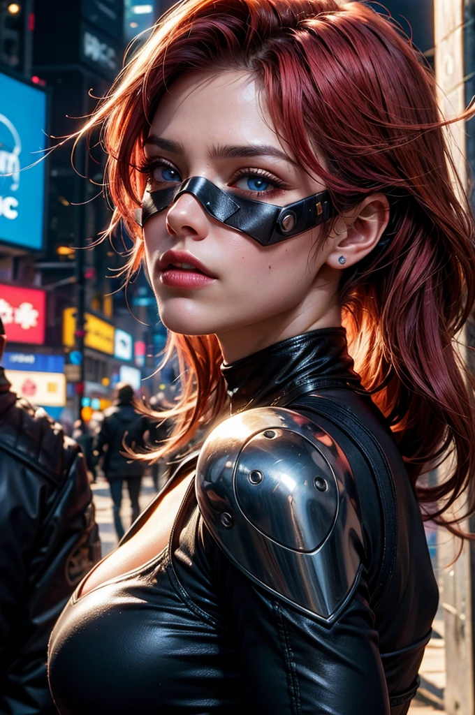 "tema escuro :: closeup foco facial, ultra realista futurista cyberpunk ::  :: iluminação natural :: Bokeh :: 8K :: melhor qualidade :: obra de arte :: fundo de paisagem urbana futurista, Fake body and , Mature woman in metal rising revengeance body details, foto de busto, big pink hair, shining blue eyes, wearing a mustard yellow jumpsuit, breasts big, looking 35 years old, eye on the spectator, Look to the camera, , the background is a cyberpunk city, revegeance expression, foco no rosto, de frente, foco no busto, riaden armor of metal gear rising, busty woman, eyeshield
" 