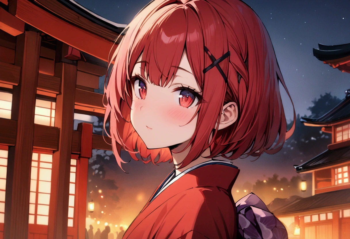 short hair, (Red hair:1.2), x Hair ornament, Red eyes,girl,One person,kimono, Highest quality, masterpiece, High resolution,night、Japan、Japanese style、shrine、