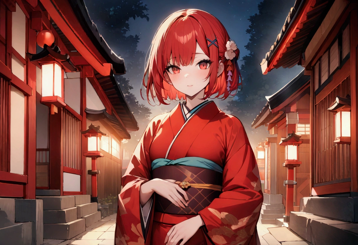 short hair, (Red hair:1.2), x Hair ornament, Red eyes,girl,One person,kimono, Highest quality, masterpiece, High resolution,night、Japan、Japanese style、shrine、