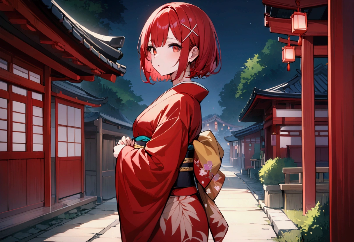short hair, (Red hair:1.2), x Hair ornament, Red eyes,girl,One person,kimono, Highest quality, masterpiece, High resolution,night、Japan、Japanese style、shrine、