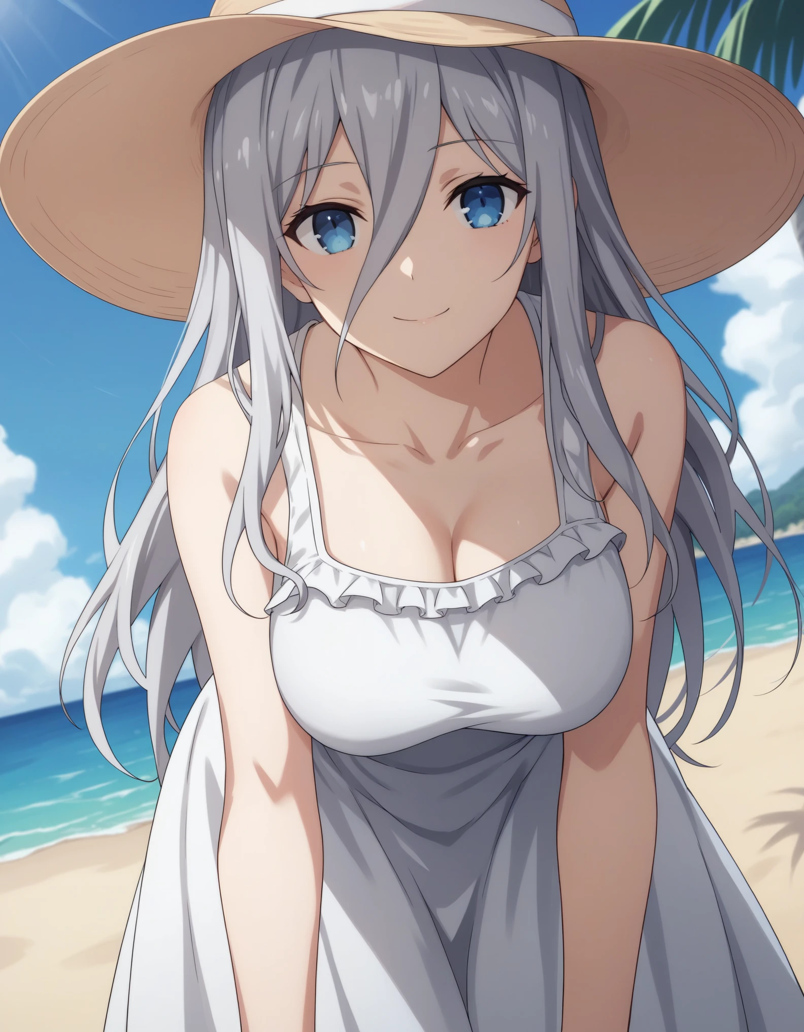 score_9, score_8_up, score_7_up, source_anime, reinamurasame,  reina murasame, long hair, blue eyes, grey hair, hair between eyes, hat, big breast, dress, bare shoulders, collarbone, sleeveless, white dress, sleeveless dress, sun hat, sundress, outdoors, beach, bent over, smile, looking at viewer, solo, cowboy shot, dutch angle,