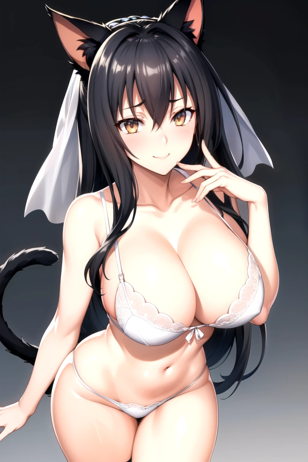 white bra, white lace, white panty bride, veil, Black Steele, 1 Girl, breast, Animal ears, Solitary, Black Hair, Cat ears,Silky skin,cleveage,clavicle, 1 girl, 25 years old,Young women,beautiful Finger,beautiful long legs,beautiful body,beautiful Nose,beautiful character design, perfect Eye, perfect Face,expressive Eye,Perfect balance, Looking at the audience,(Focus on her Face),Residence, (Innocent_大Target_Eye:1.0),Light_Smile, Official Art,Very detailed CG unity 8k wallpaper, Perfect lighting,rich and colorful, bright_front_Face_Lighting,有Light澤的皮膚, (masterpiece:1.0),(the best_quality:1.0), Ultra-high resolution,4K,Very detailed, photography, 8K, HDR, high resolution, absurd:1.2, Kodak Portrait 400, Film Grain, Blurred background, Bokeh:1.2, 镜头Light晕, (Energetic_color:1.2),专业photography师, (beautiful,Target_Chest:1.3), (beautiful_Face:1.5),(narrow_waist),Smile, Happy