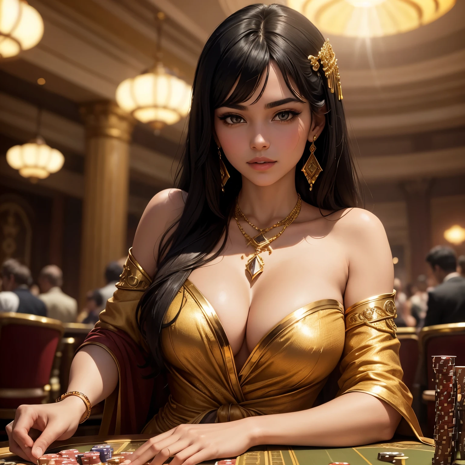 Create a detailed and highly realistic scene depicting Aria, a regal 18-year-old woman with straight, jet-black hair styled like Cleopatra, including a distinctive fringe and medium length. She has a perfect, kind face with soft skin, featuring light bronze and golden hues, and wears a luxurious, gold-colored robe. The scene captures her sitting at a casino table inside a lavishly decorated casino. Aria has a gentle smile on her beautiful face, and she is viewed from an oblique (low-angle) perspective, as if the viewer is looking up at her. Her arms are gracefully extended towards the viewer, with a welcoming and benevolent expression on her face. She is adorned with dangling gold earrings and an intricate gold necklace, emphasizing her wealth and status. The casino interior is opulent yet tasteful, with rich fabrics and golden accents that complement her attire. The background view from the casino shows a mysterious and magical landscape, adding to the enchanting atmosphere. The entire scene should be in an oil painting style, with 8k resolution to capture the essence of a masterpiece.