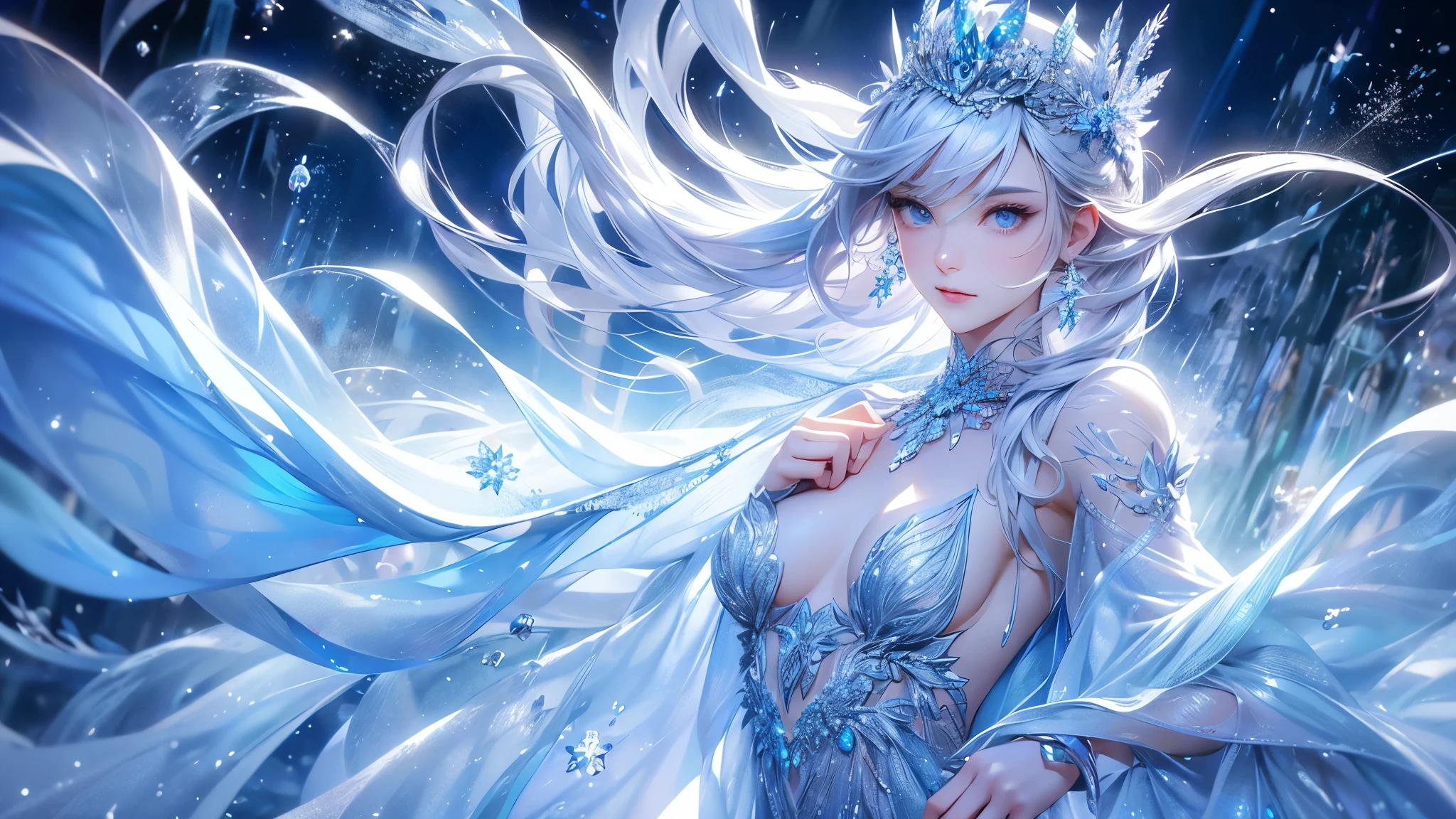 (1/2 photos:1.5)wood, Exquisite mini ice spikes and crystals, A frozen waterfall in the background, Light reflected by ice crystals, Flowing snowflakes.1 girl、pretty girl,A realistic person,((small breasts)),Thin legs、Tight waist、standing