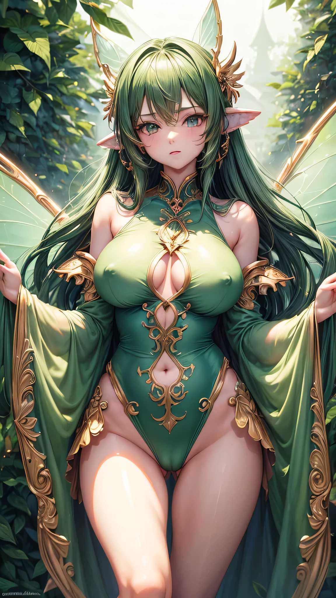 (masterpiece, highest quality, ultra high res, ultra detailed:1.3), 1 cute fairy girl, ideal ratio body proportions, green long hair, a pair of insect wings, cameltoe, clothes covered nipples,