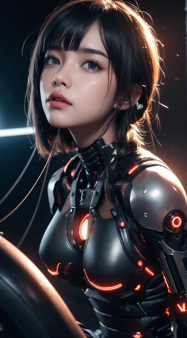 1. Machine Girl,((Ultra-Realistic Details)), Portraiture, Global Illumination, Shadow, Octane Rendering, 8k, Ultra Sharp,Metal,Complex, Decorations detailed, Cool colors, More about Egypt, highly Complex details, Realistic Light, Trending on CGSociety, Glowing Eyes, To the camera, Neon Details, Mechanical limbs,Blood vessels connected to tubes,Mechanical vertebrae attached to the back,Cervical vertebrae mechanically attached to the neck,Sitting,Wires and cables connecting to the head