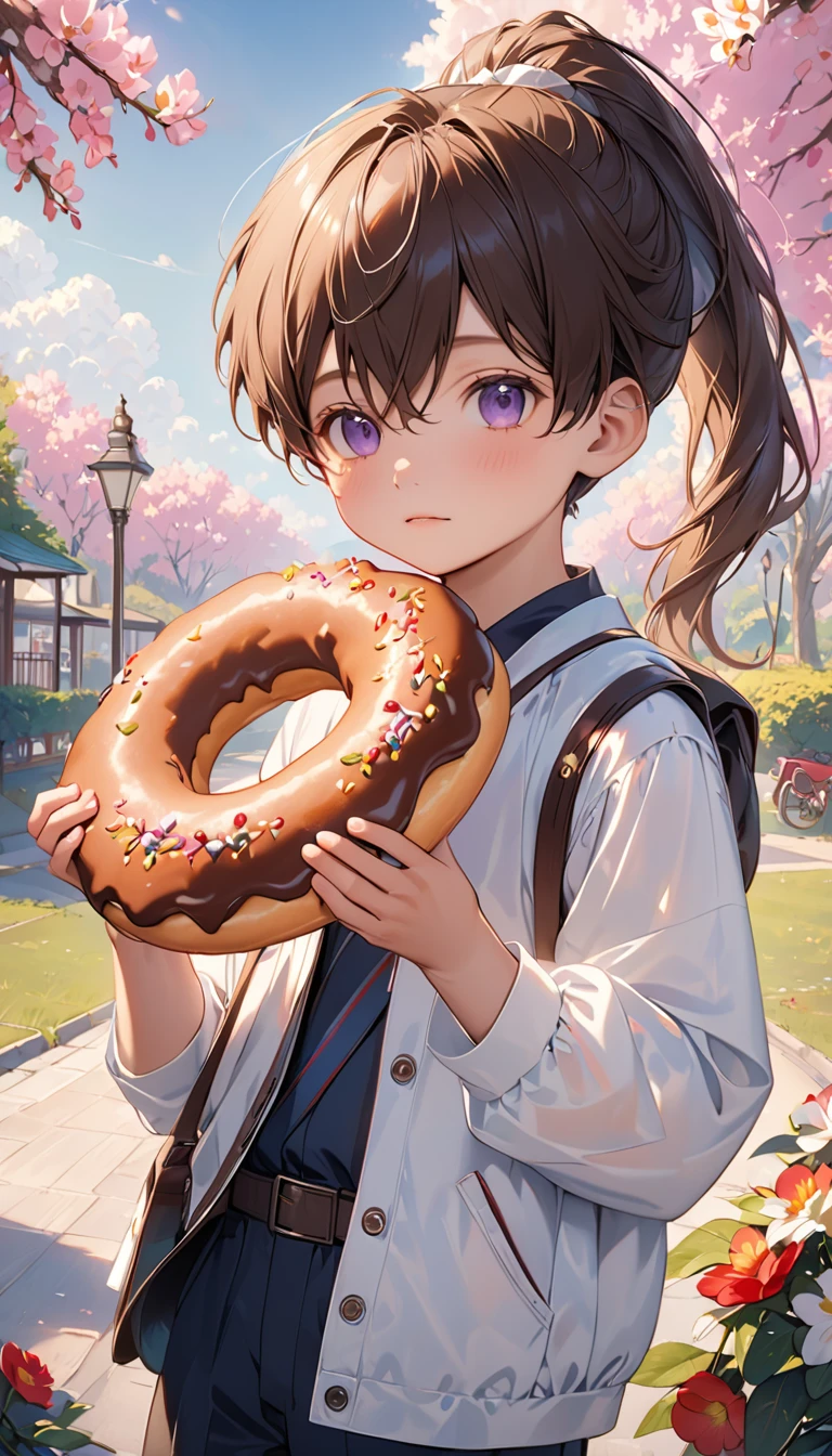 (masterpiece,best quality,beautiful and aesthetic:1.2),(high detailed skin:1.2),8k uhd,dslr,soft lighting,high quality,film grain,((1boy,male)),doughnut,food,solo,ponytail,fruit,sleeveless,holding,bow,holding food,purple background,jacket,8--old ,little ds,child,lo