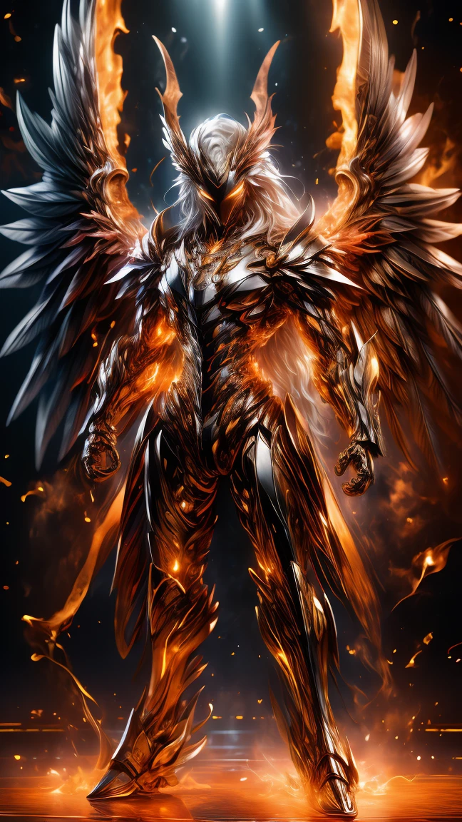 Masterpiece, best quality, high resolution, highly detailed, 1 man, perfect face, long white hair ( light in the hair), with purple eyes ( glowing eyes ), wearing a Phoenix armor, silver watch, light skinned, large red pheonix wings on his back( wings on fire), flame wings, surrounded by the splendors of the universe, pay attention to stunning details, and achieve a resolution of 64k, floating in a dynamic pose, high quality, with a majestic aura of authority, swirling flames.