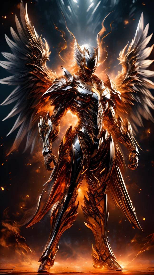 Masterpiece, best quality, high resolution, highly detailed, 1 man, perfect face, long white hair ( light in the hair), with purple eyes ( glowing eyes ), wearing a Phoenix armor, silver watch, light skinned, large red pheonix wings on his back( wings on fire), flame wings, surrounded by the splendors of the universe, pay attention to stunning details, and achieve a resolution of 64k, floating in a dynamic pose, high quality, with a majestic aura of authority, swirling flames.