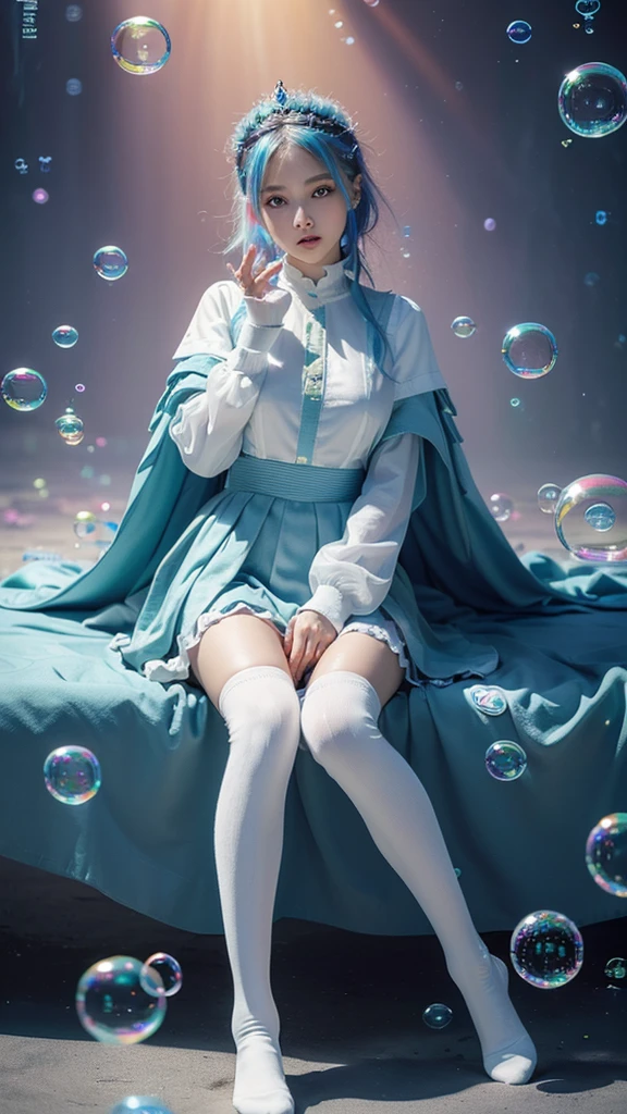 (masterpiece), (best quality), (Official Art, Extremely detailed CG unity 8k wallpaper), (Very detailed), ((absurd)), 1 Girl, Mid-shot, (Exquisite facial features),(Seraph:1.3) ((SFW)),((Clear hands)), ((White knee-high socks（No shoes）)),Aqua eyes, Colored contact lenses, star in eye, (((Colorful bubbles))), Multicolored Glass, (The album cover)