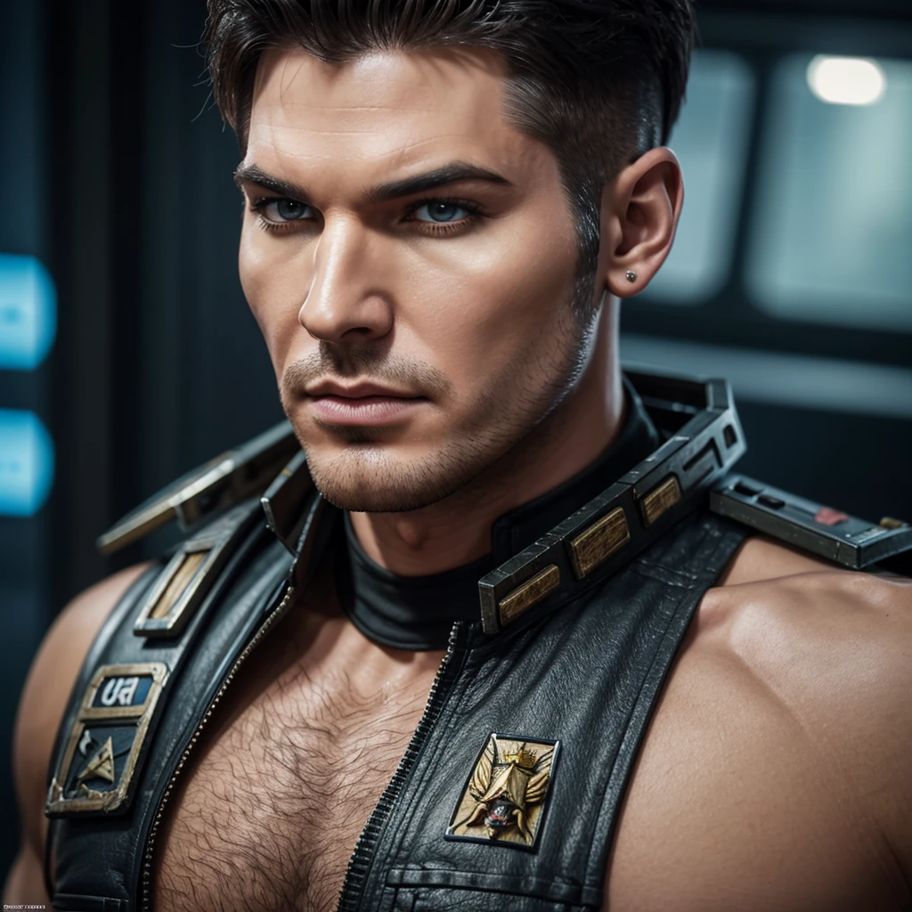 raw candid portrait, Close-up photo of Adam Lambert Space Marine from Warhammer 40k., brutal, broad shoulders, several battle scars on the face and body, big lips, whole body, High cheekbones, long scar on left cheek, Playful, Slavic heritage, короткие русые волосы, зеленые глаза, realistic skin texture, tall and muscular, Futuristic fashion, blemished skin with several battle scars, снято на Sony Alpha A6500 1.4, hips, very detailed, masterpiece.