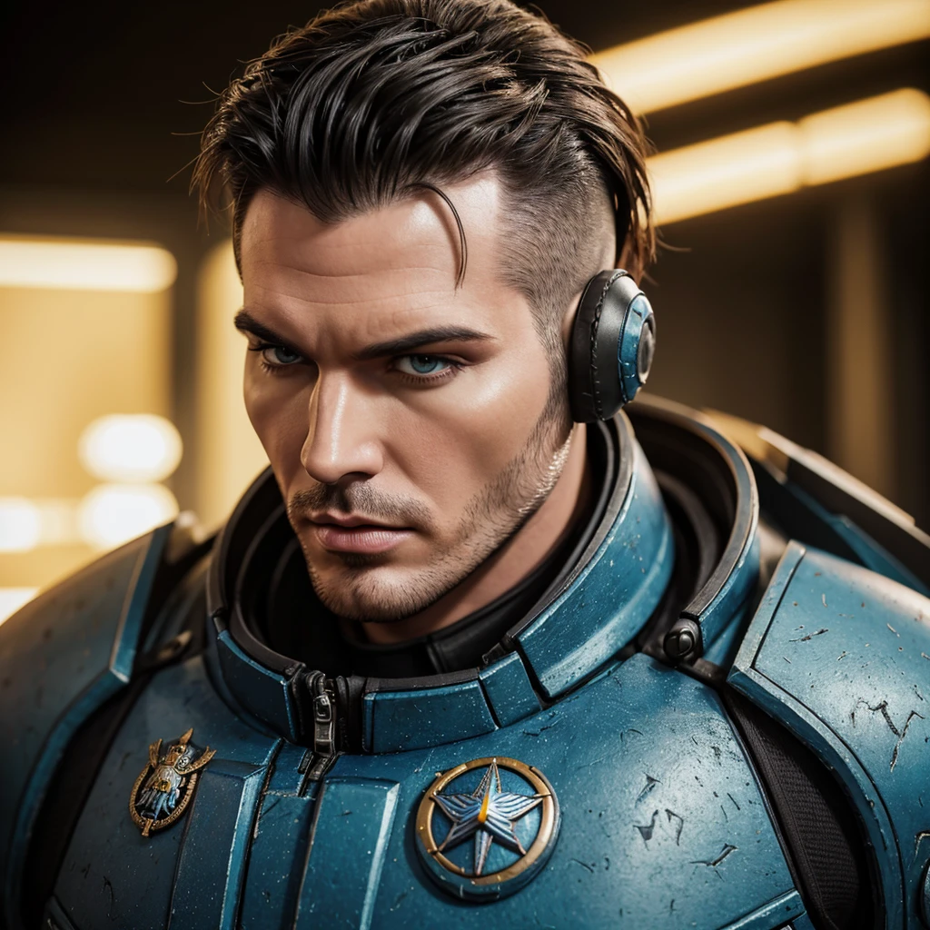 raw candid portrait, Close-up photo of Adam Lambert Space Marine from Warhammer 40k., brutal, broad shoulders, several battle scars on the face and body, big lips, whole body, High cheekbones, long scar on left cheek, Playful, Slavic heritage, короткие русые волосы, зеленые глаза, realistic skin texture, tall and muscular, Futuristic fashion, blemished skin with several battle scars, снято на Sony Alpha A6500 1.4, hips, very detailed, masterpiece.