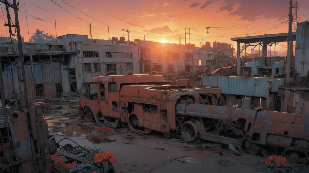 Detailed Machinery、Abandoned Factory、Atrium、(((Rusty heavy equipment)))、Gorgeous light leaks、(((sunset)))、fog、Detailed Background、Highest quality、(((No humans)))、Broken heavy machinery、Complex heavy machinery、Faint lighting、sunset、(((Dull colors)))、(((Rusty heavy equipmentの詳細)))、(((Heavy machinery covered with flowers)))、(((Abandoned garage)))、(((Broken factory))))、(((Red sunset)))、ruins、beautiful