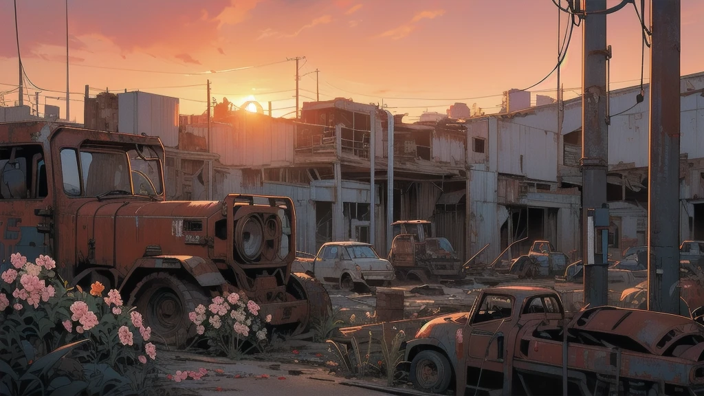 Detailed Machinery、Abandoned Factory、Atrium、(((Rusty heavy equipment)))、Gorgeous light leaks、(((sunset)))、fog、Detailed Background、Highest quality、(((No humans)))、Broken heavy machinery、Complex heavy machinery、Faint lighting、sunset、(((Dull colors)))、(((Rusty heavy equipmentの詳細)))、(((Heavy machinery covered with flowers)))、(((Abandoned garage)))、(((Broken factory))))、(((Red sunset)))、ruins、beautiful