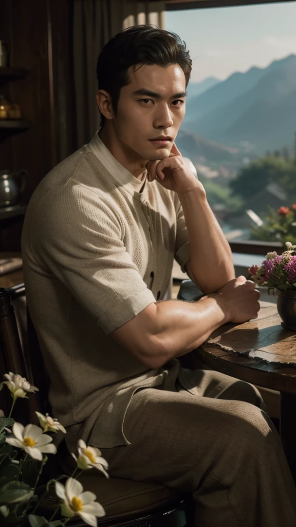 A photo portrait of a rugged, medium muscular Chinese man wearing elegant clothes in a cozy mountain inn overlooking a valley, manly, Athletic, stubbles, arm hair, rule of thirds, Flowers and plants, sharp focus, cinematic lighting