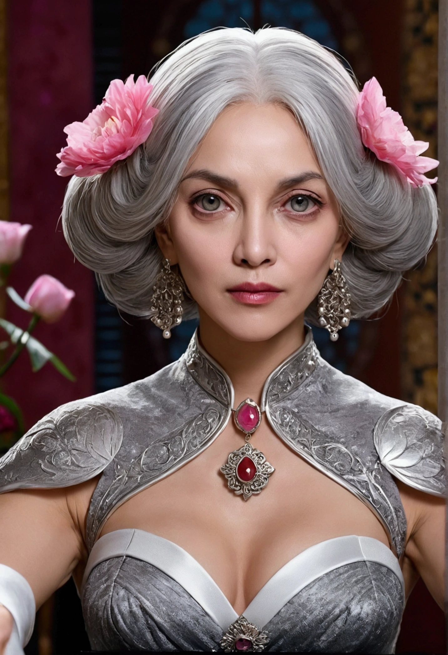 masterpiece, Amazing girl, Night Moon Full Moon, 1 female, Mature woman, elder sister, Royal elder sister, Cold Face, Poker face, Silver-white hair woman, Light pink lips, calm, Intellectuals, Three-banded grey eyes, Assassin's Dagger, Flower ball background, Hand details, Finger details, Facial details, Eye details,