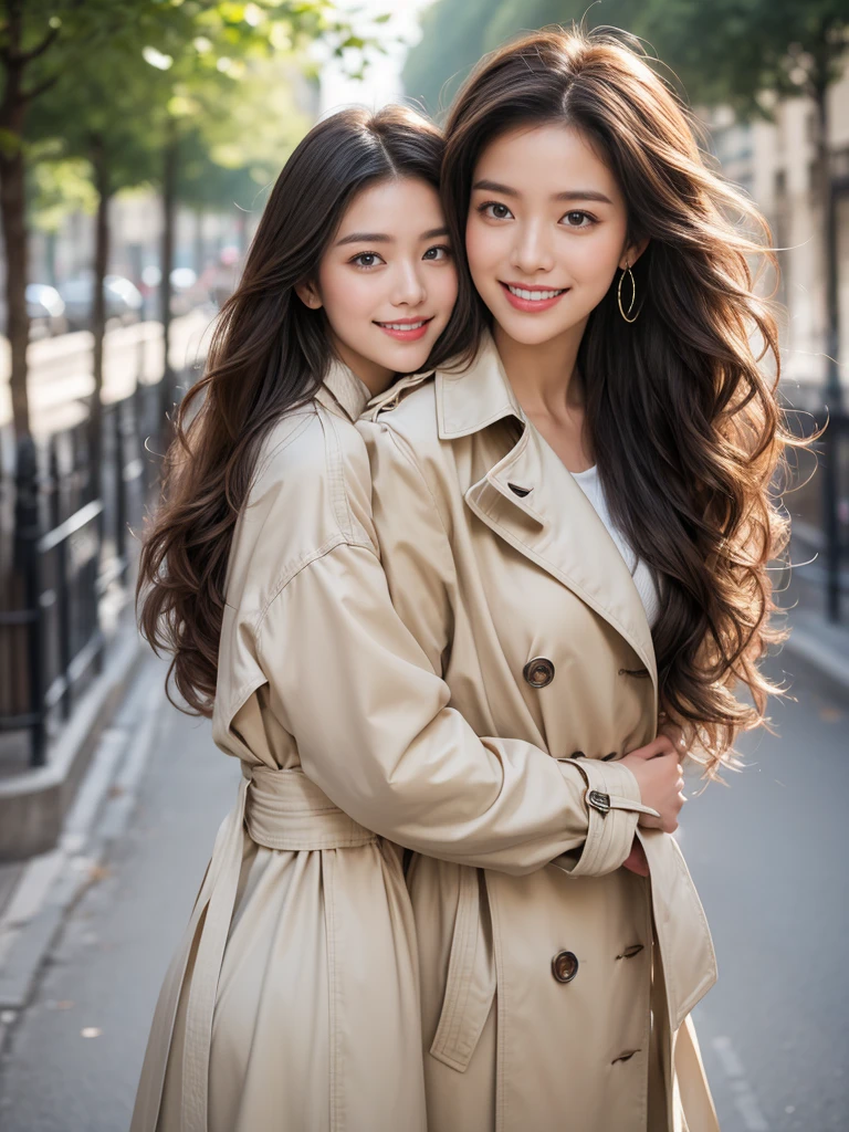 highest quality、4K、Perfect Face、Perfect Style、Sunburn、beautiful、stylish appeal、Mature、long layer curly hair、Swept-back hair、in paris 、full body, giddy smile、flower、hoop pierce、trench coat