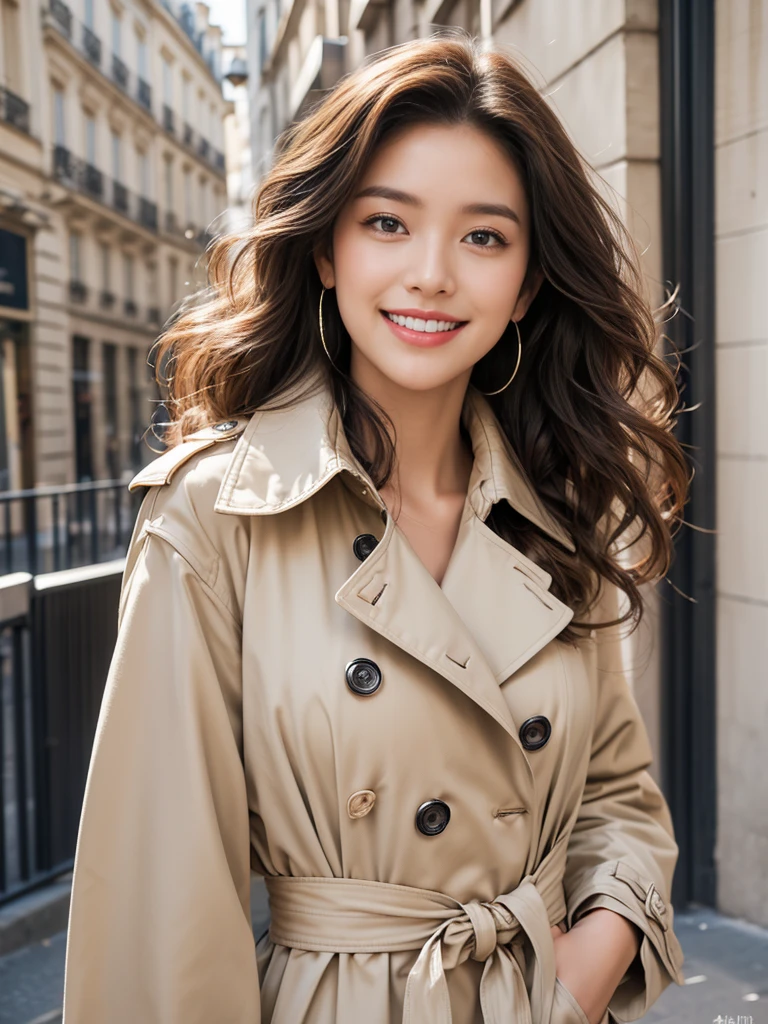 highest quality、4K、Perfect Face、Perfect Style、Sunburn、beautiful、stylish appeal、Mature、long layer curly hair、Swept-back hair、in paris 、full body, giddy smile、flower、hoop pierce、trench coat