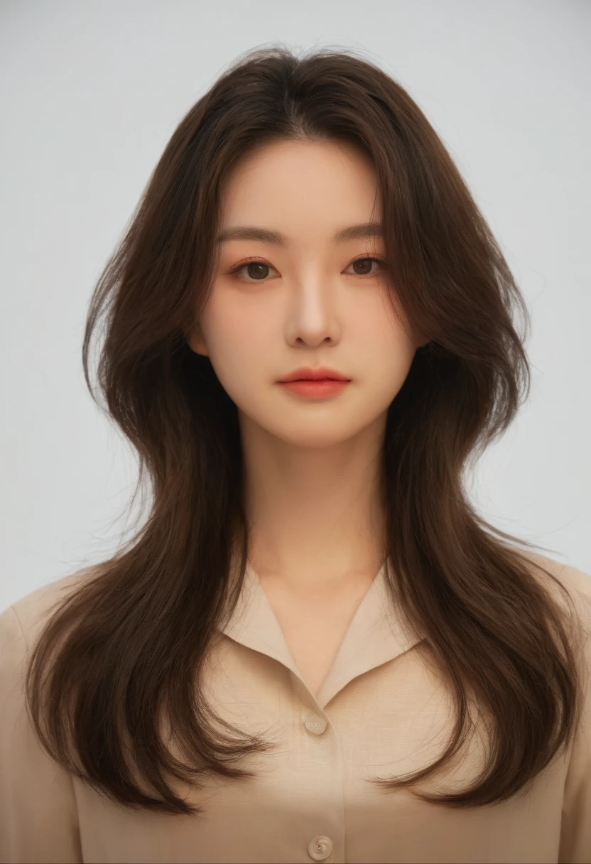 Best Quality, 8k, Masterpiece, (Portrait: 1.3), (photo realistic:1.4), (hyper realistic:1.4), Sharp Focus, looking at viewer, (smoother lighting:1.1), (increase cinematic lighting quality:0.9), realistic lighting, backlighting, light on face, ray trace, (brightening light:1.2), (Increase quality:1.4), sharp detail, (best quality real texture skin:1.4), finely detailed eyes, black_eyes, finely detailed face, 25 year old Korean woman, (white formal_shirt:1.4), (Create an image maintaining the original base model hairstyle:1.5)