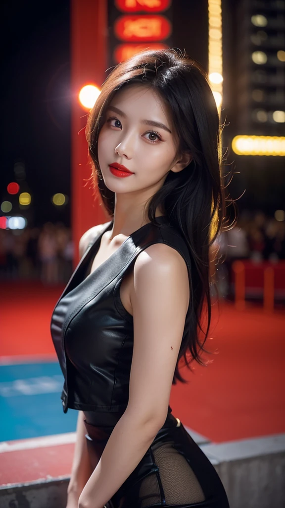 Solitary, (, Policewoman), stocking, City Lights, (Looking at the audience: 1.3), Lips parted, Red lips, Glowing skin, Skin Dimples, best quality, Ultra-high resolution, (realism: 1.4), Hollow,