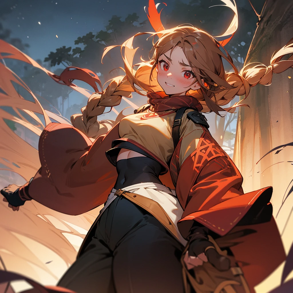 1female, sexy, young , finely detailed red eyes, wild long hair, braided hair, brown color hair, adventurer gear, crop top sweater, baggy combat pants, night time, dark forest, excited expression, flowers, blushing, standing on path, lanturns