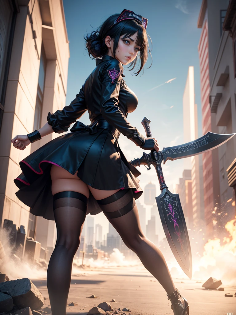 Fullbody 128k Bluray Extreme UHD 4K High quality anime image . My attention is drawn to an incredibly beautiful woman with short, straight black hair with red ombré that is pulled back with a metal headband, full lips and dark eyes. She is tough in her demeanor. She stands in the city with her weapon like axe in hand. She wears a maid uniform and long pantyhose along with high heels.” Rendered in stunning 4K and UHD resolution using Octane Render CGI technology, everything comes to life in a mesmerizing 16K masterpiece, with an aura fascinating and high level of detail, anime illustration with stern look in eyes, cyber punk illustration, beautiful anime woman with dark hair, 4K, UHD, Ultra HD 4K image, extremely fascinating sifi light, intricate details , extremely detailed, incredibly detailed.holding a axe like sword with two handles.