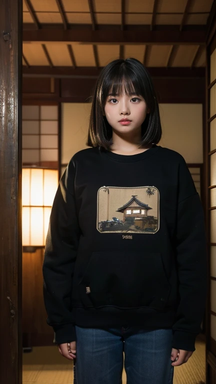 (((11 year old girl))), (((standing alone in dark room))), (((midnight))), Japanese, medium hair, straight face, no smile, no expression, not looking at me, worn sweatshirt and worn jeans, poor sad girl, locked in room, sitting room in old Japanese house, Faint lighting, Film Scene, High Resolution, Highly Detailed, Detail, Masterpiece, Top Quality, Award, Top Resolution, Realistic, Raw, 8K Wallpaper