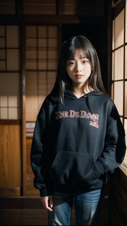 (((11 year old girl))), (((standing alone in dark room))), (((midnight))), Japanese, medium hair, straight face, no smile, no expression, not looking at me, worn sweatshirt and worn jeans, poor sad girl, locked in room, sitting room in old Japanese house, Faint lighting, Film Scene, High Resolution, Highly Detailed, Detail, Masterpiece, Top Quality, Award, Top Resolution, Realistic, Raw, 8K Wallpaper