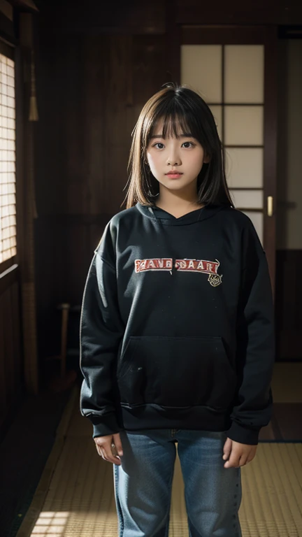(((11 year old girl))), (((standing alone in dark room))), (((midnight))), Japanese, medium hair, straight face, no smile, no expression, not looking at me, worn sweatshirt and worn jeans, poor sad girl, locked in room, sitting room in old Japanese house, Faint lighting, Film Scene, High Resolution, Highly Detailed, Detail, Masterpiece, Top Quality, Award, Top Resolution, Realistic, Raw, 8K Wallpaper