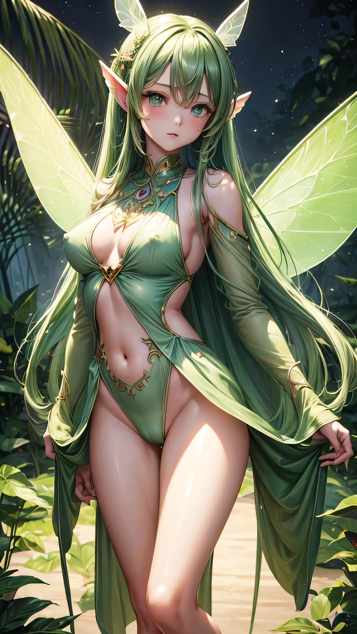 (masterpiece, highest quality, ultra high res, ultra detailed:1.3), 1 cute fairy girl, ideal ratio body proportions, green long hair, a pair of insect wings, cameltoe, clothes covered nipples,