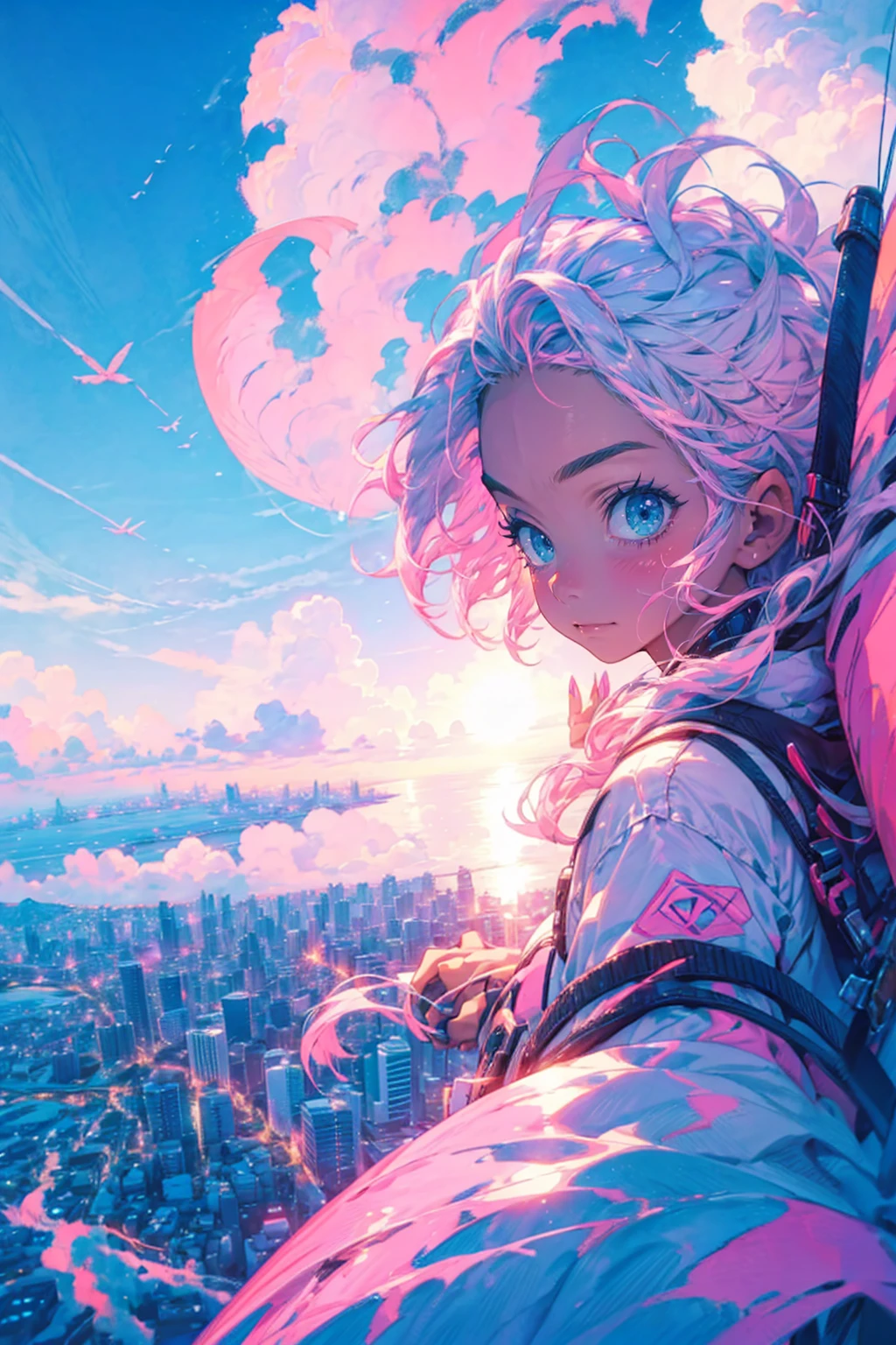 1girl,solo,cute,pink hair,paraglider,float in sky,brilliant sky,blue sky,clouds,sunshine,over lookdawn the city and sea