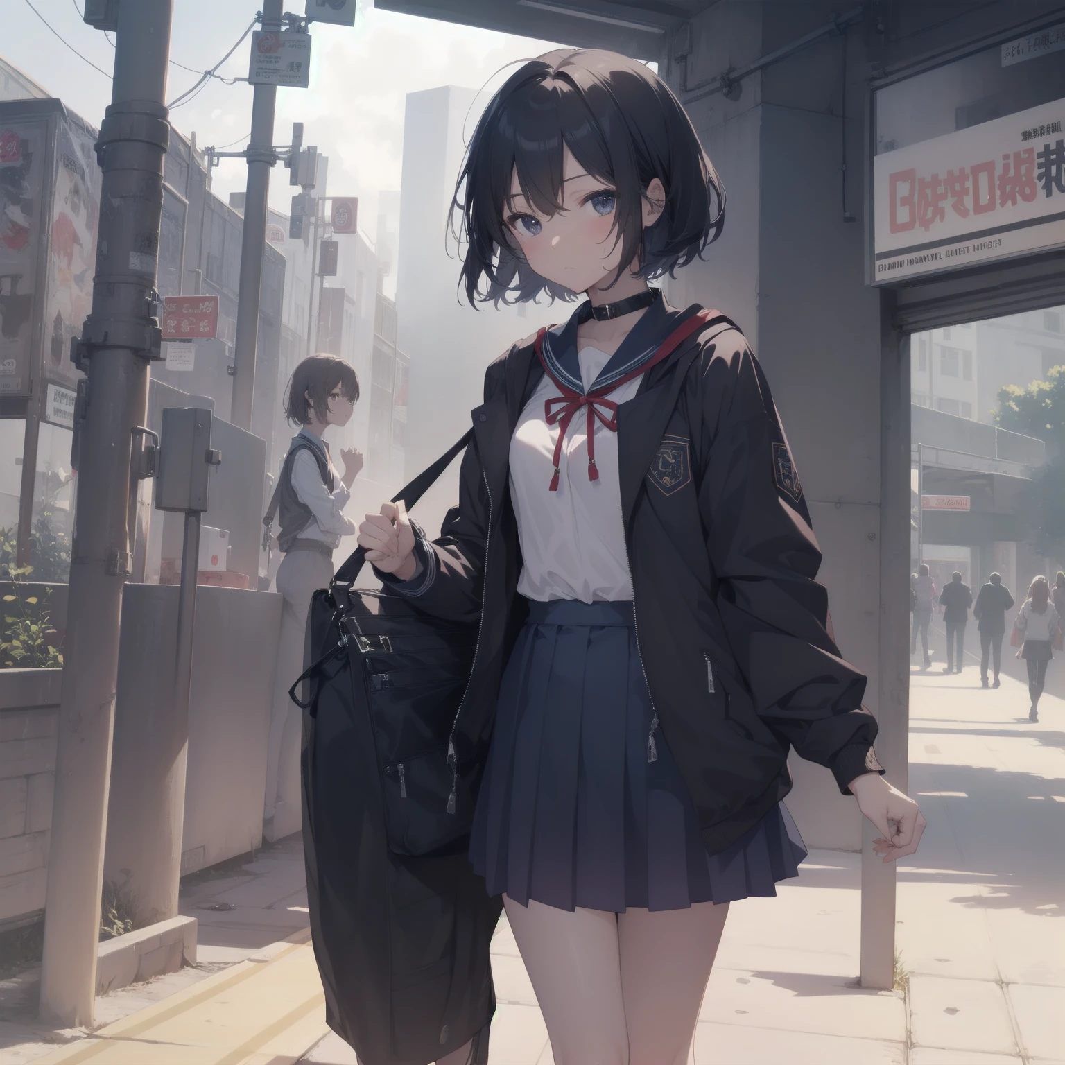 ultra-absurdres-Top quality by artist God, ultra-detailed, high resolution, anime moe artstyle, best anime 8k konachan wallpaper, pixiv contest winner, pool:2810, perfect anatomy,break, 1girl, (Please draw a girl walking sleepily to school alone. )break,(Solo,little female, 13-year-old:1.3),Full limbs, complete fingers,a junior high school student, (very short hair), short cut, flat chest, , small butt, small black eyes, beautiful detailed eyes, well-proportioned iris and pupils, expressive eyes, highres detailed hair, soft expression, salor school_uniform, sailor collar, serahuku, bow, pleated skirt,(Detailed Lighting), (Detailed background), in the School commute route. break,super detailed skin, Best cinematic lighting powered by famous artist, 8k,beauty illustration,photoshop_(medium),very aesthetic,break,((artist:horosuke )), artist:clamp ,artist:carnelian ,artist:kantoku ,
