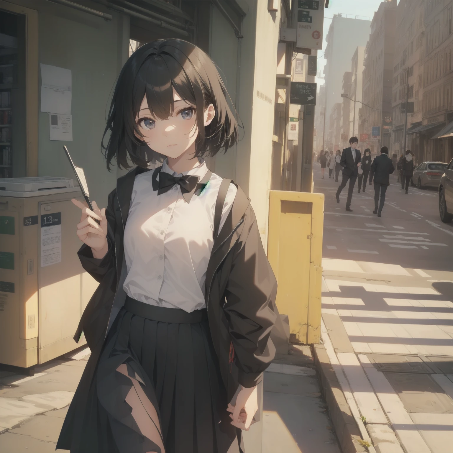 ultra-absurdres-Top quality by artist God, ultra-detailed, high resolution, anime moe artstyle, best anime 8k konachan wallpaper, pixiv contest winner, pool:2810, perfect anatomy,break, 1girl, (Please draw a girl walking sleepily to school alone. )break,(Solo,little female, 13-year-old:1.3),Full limbs, complete fingers,a junior high school student, (very short hair), short cut, flat chest, , small butt, small black eyes, beautiful detailed eyes, well-proportioned iris and pupils, expressive eyes, highres detailed hair, soft expression, salor school_uniform, sailor collar, serahuku, bow, pleated skirt,(Detailed Lighting), (Detailed background), in the School commute route. break,super detailed skin, Best cinematic lighting powered by famous artist, 8k,beauty illustration,photoshop_(medium),very aesthetic,break,((artist:horosuke )), artist:clamp ,artist:carnelian ,artist:kantoku ,