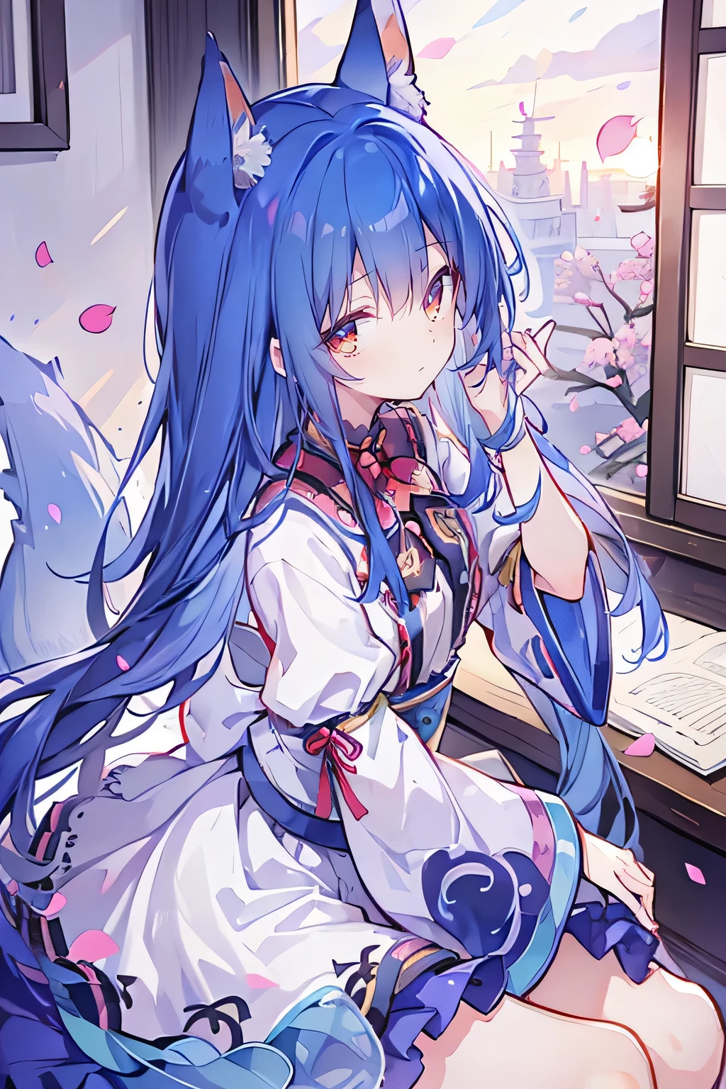 (masterpiece:1.2),Super detailed,lifelike,Expressive eyes,fair skin,perfect face shape,1 girl,
Japanese comics,Gorgeous blue hair,flowing blue hair,flowing clothes,Cat ears,Petals fall,beautiful lola,Baby Angel,
Shaking head with one hand,Cross your legs,,The pavilion is cool and comfortable,smile,back views,sunrise,Petals fall,sunrise,sitting on window sill drinking coffee and looking out the window,Ribbon trimming,Ribbon trimming sleeves,Long sleeve,skirt,Red Eye,solo,Japanese clothes,Sky,Fox ears,Fox Tail,Fox Girl,