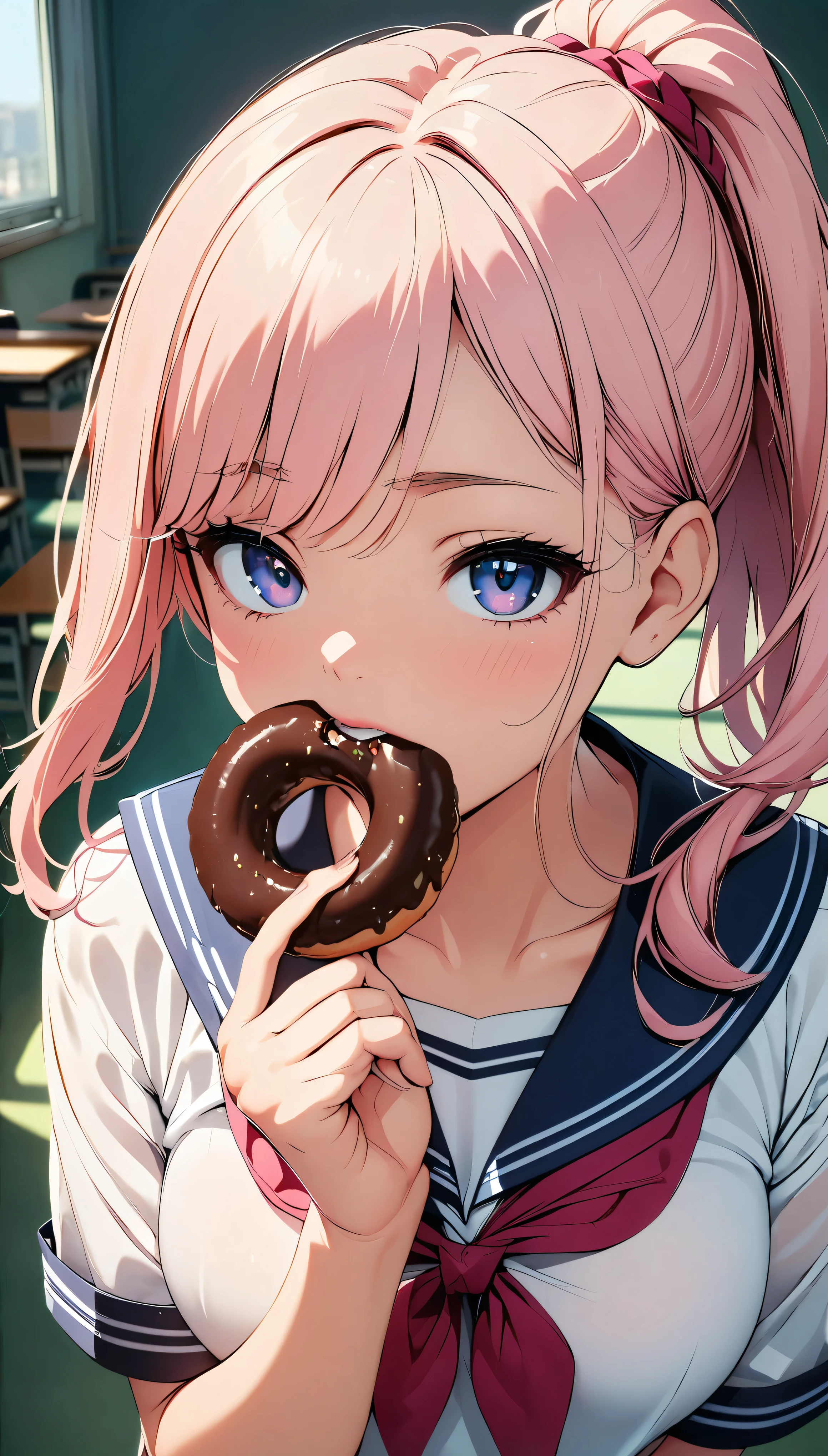 18 year old beautiful girl, JK, Sailor suit, masterpiece:1,2, Highest quality, 8K Animation, ((Thin fingers, Accurate Fingers, Beautiful fingertips)), Fingers holding a donut, School classroom background, 1 girl, alone, Pink Ponytail, View your viewers:1.2, Chocolate Donuts, Open your mouth and suck, Glossy Lips, Looking up:1.2, focus on lips, Face Up Shot