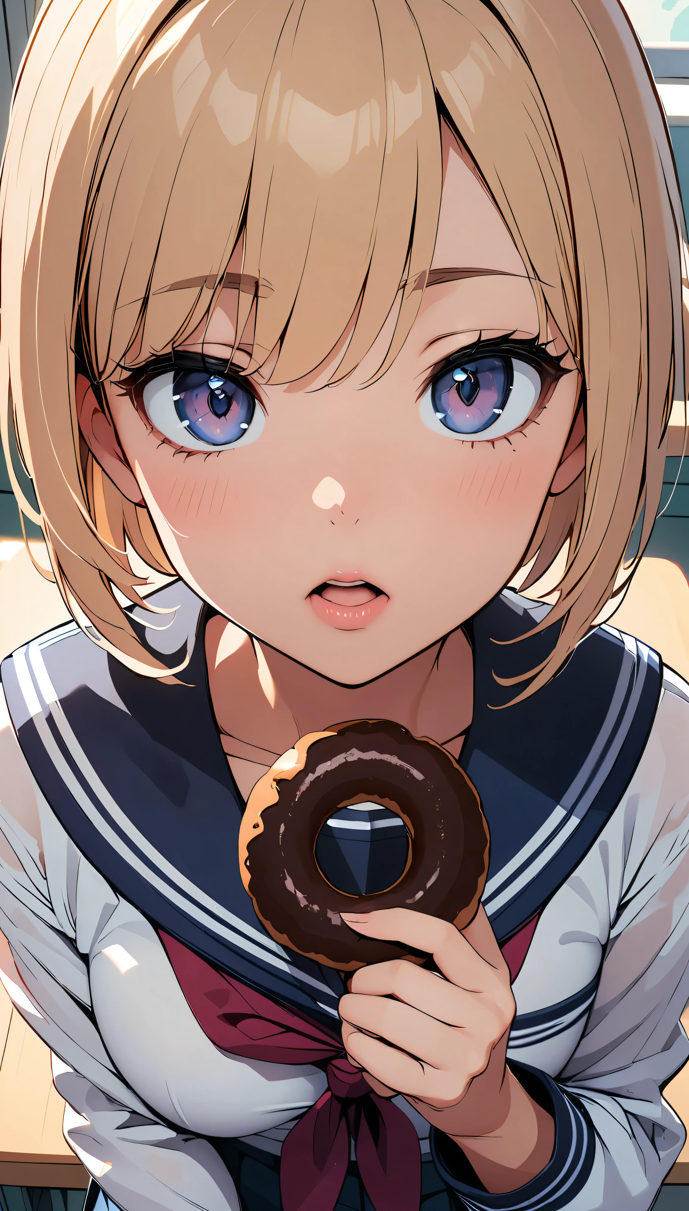 18 year old beautiful girl, JK, Sailor suit, masterpiece:1,2, Highest quality, 8K Animation, ((Thin fingers, Accurate Fingers:Thumb 14)), Fingers holding a donut, School classroom background, 1 girl, alone, brown wolf cut, View your viewers:1.2, Chocolate Donuts, Open your mouth and suck, Glossy Lips, Looking up:1.2, focus on lips, Face Up Shot