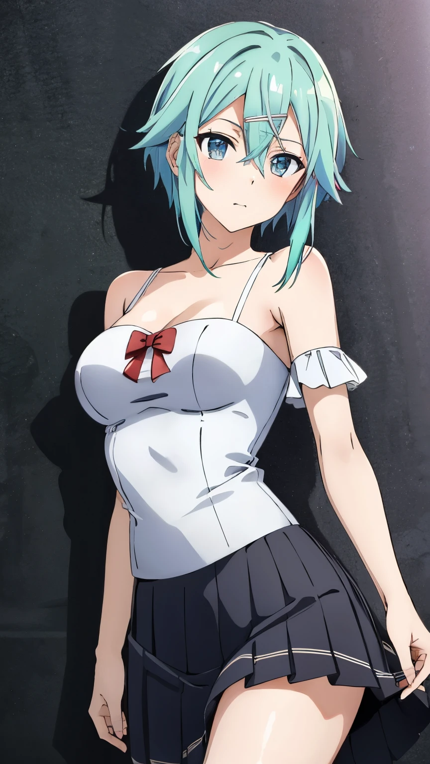 (Top Quality, Masterpiece, 8k:1.2), Ultra Detailed, High Resolution, (Anime:1.3), 1 Girl, Solo, EPsoaSinon, Short Hair, Light Blue Hair, Detailed Jewel Eyes, Hair Between Eyes, (Hair Accessory:1.2), Hair Clip, Side Locks, Medium Breast, ((Special clothes60,bow,pleated skirt, Exposed shoulders)), dynamic Angle, Cowboy Shot,looking at viewer,