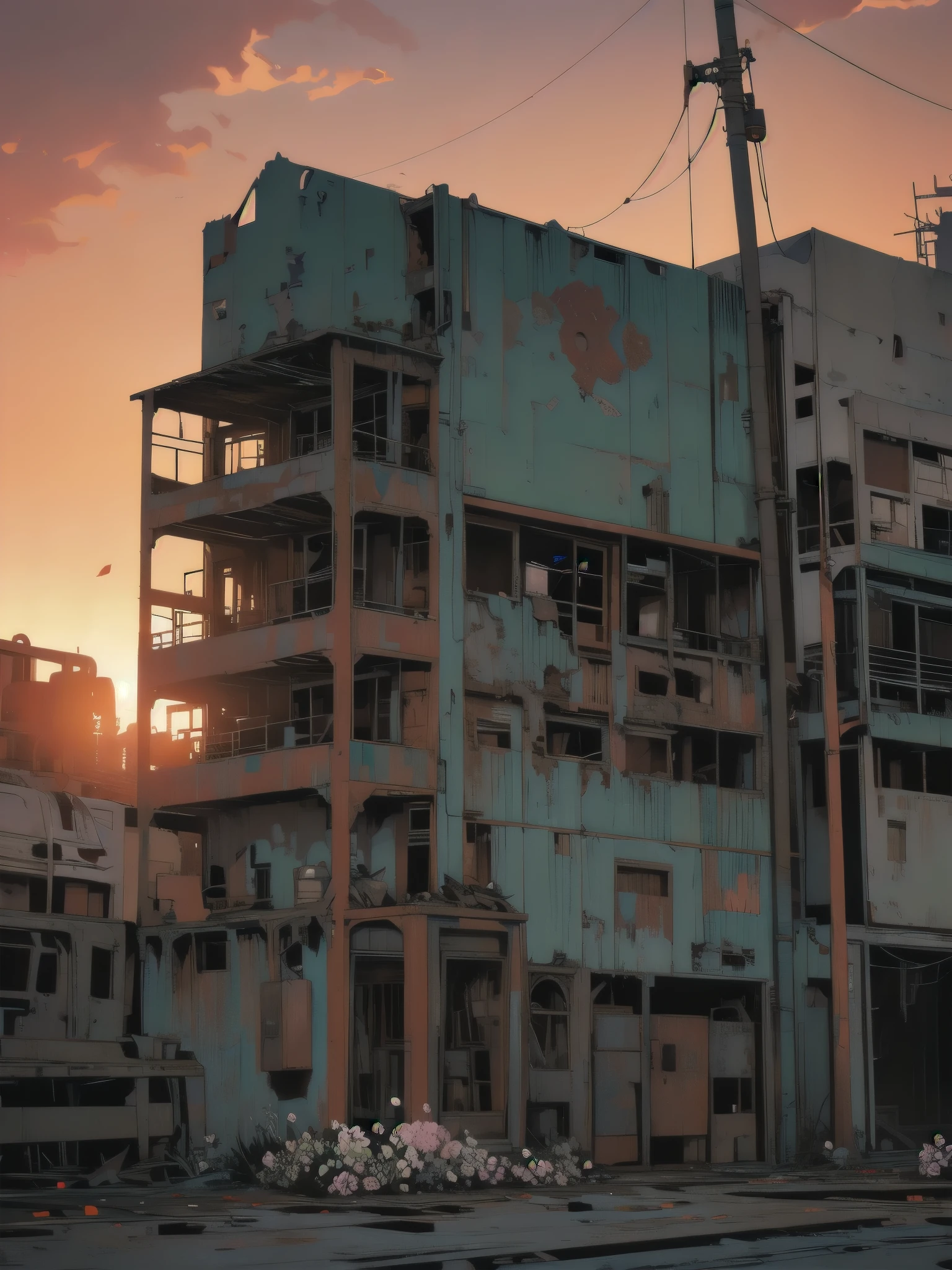 Detailed Machinery、Abandoned Factory、Atrium、(((Rusty heavy equipment)))、Gorgeous light leaks、(((sunset)))、fog、Detailed Background、Highest quality、(((No humans)))、Broken heavy machinery、Complex heavy machinery、Faint lighting、sunset、(((Dull colors)))、(((Rusty heavy equipmentの詳細)))、(((Heavy machinery covered with flowers)))、(((Abandoned garage)))、(((Broken factory))))、(((Red sunset)))、ruins、beautiful