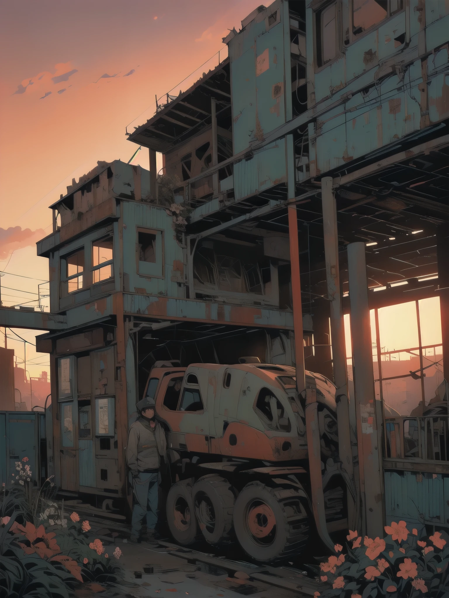 Detailed Machinery、Abandoned Factory、Atrium、(((Rusty heavy equipment)))、Gorgeous light leaks、(((sunset)))、fog、Detailed Background、Highest quality、(((No humans)))、Broken heavy machinery、Complex heavy machinery、Faint lighting、sunset、(((Dull colors)))、(((Rusty heavy equipmentの詳細)))、(((Heavy machinery covered with flowers)))、(((Abandoned garage)))、(((Broken factory))))、(((Red sunset)))、ruins、beautiful