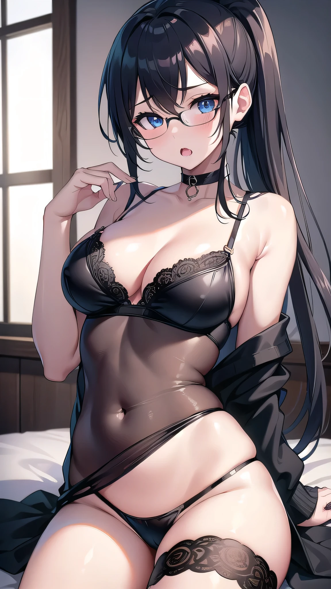 BREAK (masterpiece:1.2), best quality, high resolution, unity 8k wallpaper, (illustration:0.8), (beautiful detailed eyes:1.6), extremely detailed face, perfect lighting, extremely detailed CG, (perfect hands, perfect anatomy),bedroom,in bed,soft light,windows,night,teacher,long haired,black hair,ponytail,glasses,hair between eyes, big eyes, blue eyes,medium breasts,horny face,open mouth,black choker,upskirt,lie on back,naked,white lingerie,  bra,sexy panties,stockings,nipples see through,fishnet stockings,fishnet thinhighs,
