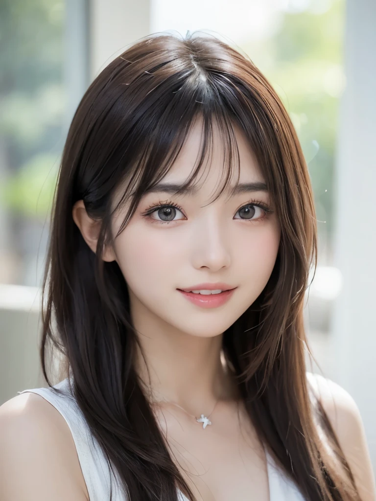 ((masterpiece: 1.3),8k, Realistic, RAW Photos, Highest quality: 1.4),whole body、 (One Girl), beautiful顔, (Realistic Face), (Brown long hair: 1.3), bangs,  Perfect dynamic composition,(High quality with attention to detail, Realistic depiction of eyes:1.3)、(((whole body、teethを見せるsmile、Summer clothes、Show some skin)))、 profile、２１talent、beauty、Well-formed face、Even out the eyes、Banditium Build、Balanced ratio、beautiful足、Fresh face、beautiful景色、beautifulヘアスタイル, (bangs), (smile), smile, Realistic eyes, Gloss, highlight, highlight in the Eyes, eyelash, 目の中のbeautifulディテール, (Realistic Skin), Shooting from the air、beautiful肌, Transparency、(beautiful)、 smile, teeth, Confused, charm, 超High resolution, Ultra-realistic, High resolution, Golden Ratio, clear eyes, Wet, Looking into the camera, ear, Shine, Long neck, double eyelid, Thin eyebrows、Big eyes, cheek, kind character, charm personality, kind, 圧倒的なcharm, bright personality