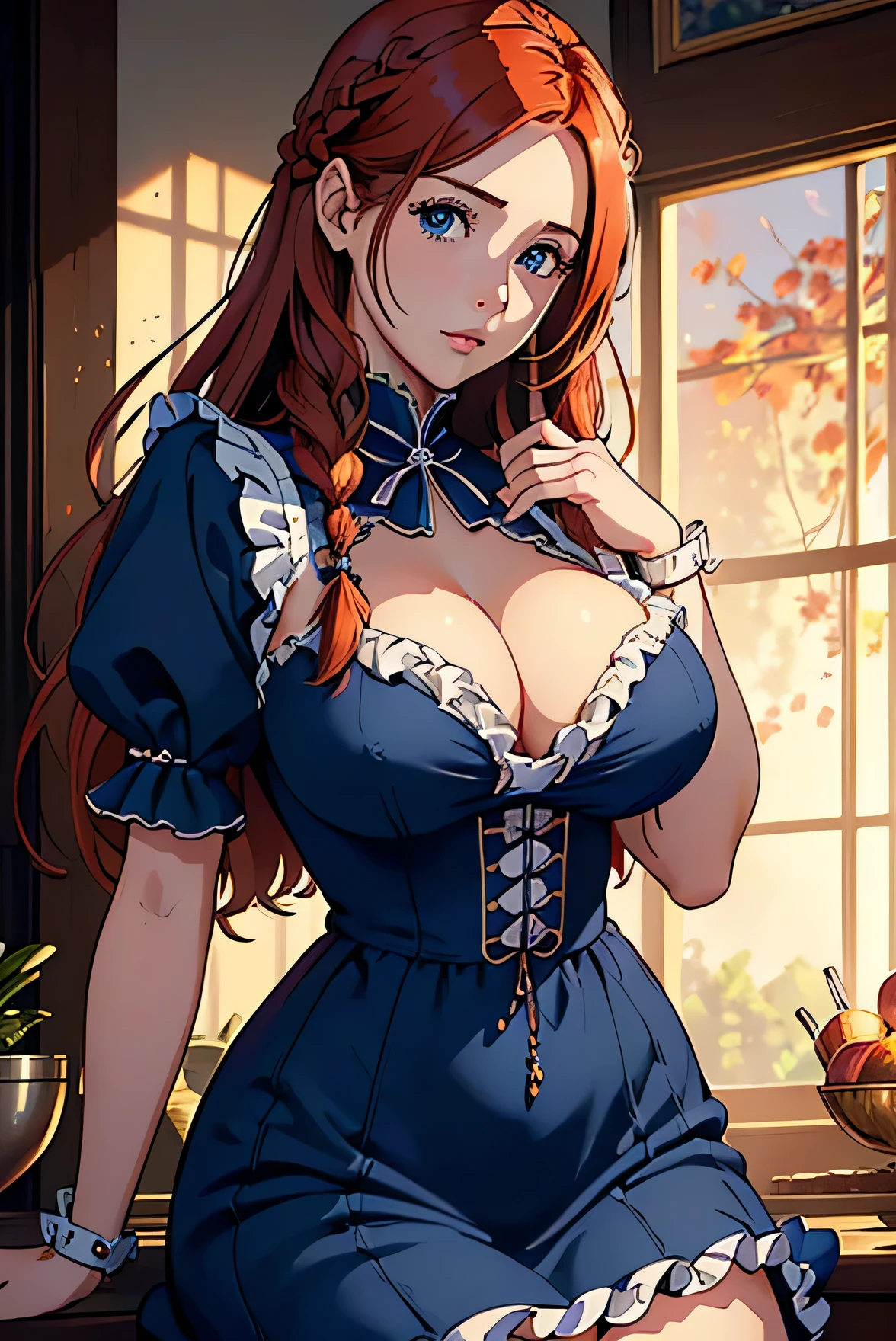 Cute Farmgirl with Braids. ((red haired woman, long hair)), Perfectly round face. Beautiful cute face, Big beautiful voluptuous lips, charming beauty, ((gentle expression on your face)), ((Beautiful detailed big blue eyes)), Waist slender, Broad Hips ((Dark blue dress with ruffles, modest dress, very high neckline)) (highy detailed)),offcial art, Award-winning digital painting, digital illustration, extreme detail, 4K, ultra HD, Rococo, polished, intrikate, realistic fantasy art, sharp focus, conceptual artwork, arte por wlop, artgerm, (2D vector illustration) Lumiere, airy, hourglass figure. ellie bamber