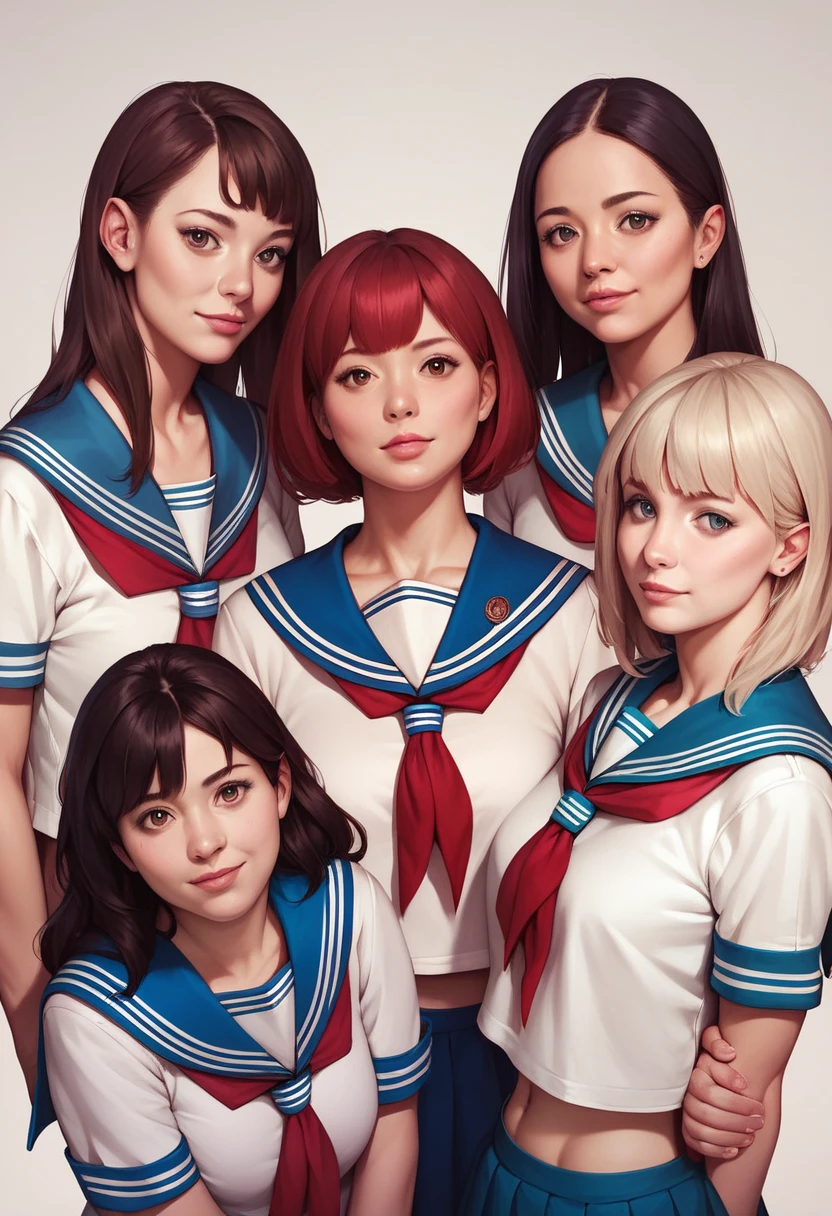 group picture,multiple girls,5girls,beautiful face,looking at viewer ,realistic,(serafuku:1.1) ,(masterpiece, high quality:1.2) 