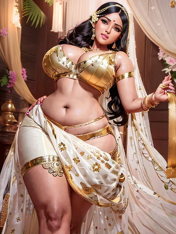 Gorgeous fair-skinned voluptuous 30-year old Indian woman in a skimpy midriff baring saree, flaunting large breasts in tight sleeveless backless blouse with deep neckline and showing long shapely legs with petticoat hiked over her thighs