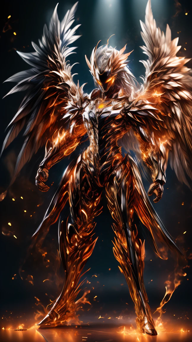 Masterpiece, best quality, high resolution, highly detailed, 1 man, perfect face, long white hair ( light in the hair), with purple eyes ( glowing eyes ), wearing a Phoenix armor, silver watch, light skinned, large red pheonix wings on his back( wings on fire), flame wings, surrounded by the splendors of the universe, pay attention to stunning details, and achieve a resolution of 64k, floating in a dynamic pose, high quality, with a majestic aura of authority, swirling flames.