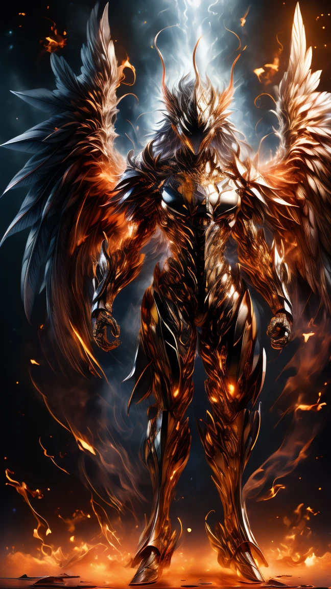 Masterpiece, best quality, high resolution, highly detailed, 1 man, perfect face, long white hair ( light in the hair), with purple eyes ( glowing eyes ), wearing a Phoenix armor, silver watch, light skinned, large red pheonix wings on his back( wings on fire), flame wings, surrounded by the splendors of the universe, pay attention to stunning details, and achieve a resolution of 64k, floating in a dynamic pose, high quality, with a majestic aura of authority, swirling flames.