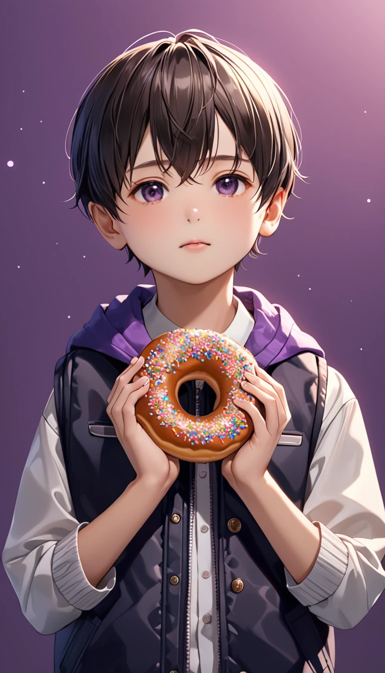 (masterpiece,best quality,beautiful and aesthetic:1.2),(high detailed skin:1.2),8k uhd,dslr,soft lighting,high quality,film grain,((1boy,male)),doughnut,food,solo,ponytail,fruit,sleeveless,holding,bow,holding food,purple background,jacket,8-year-old boy,little boy,kids,child,loli,